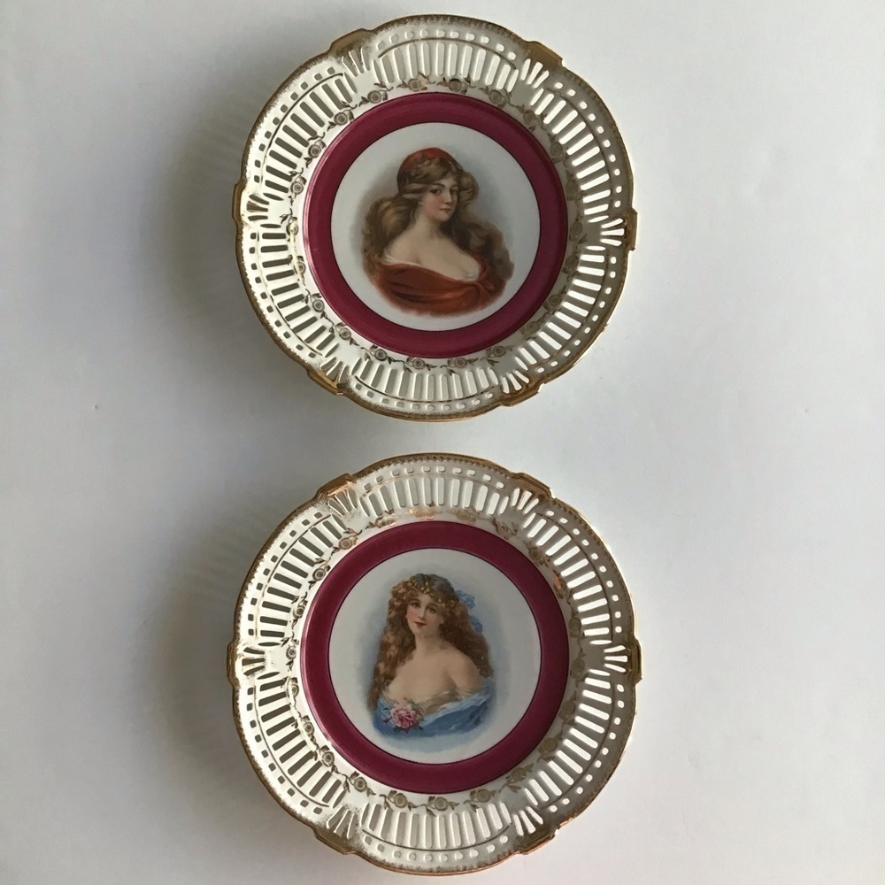 PAIR Portrait Plate Reticulated Maidens Paul's Gifts FRP & Co NY Germany Vintage